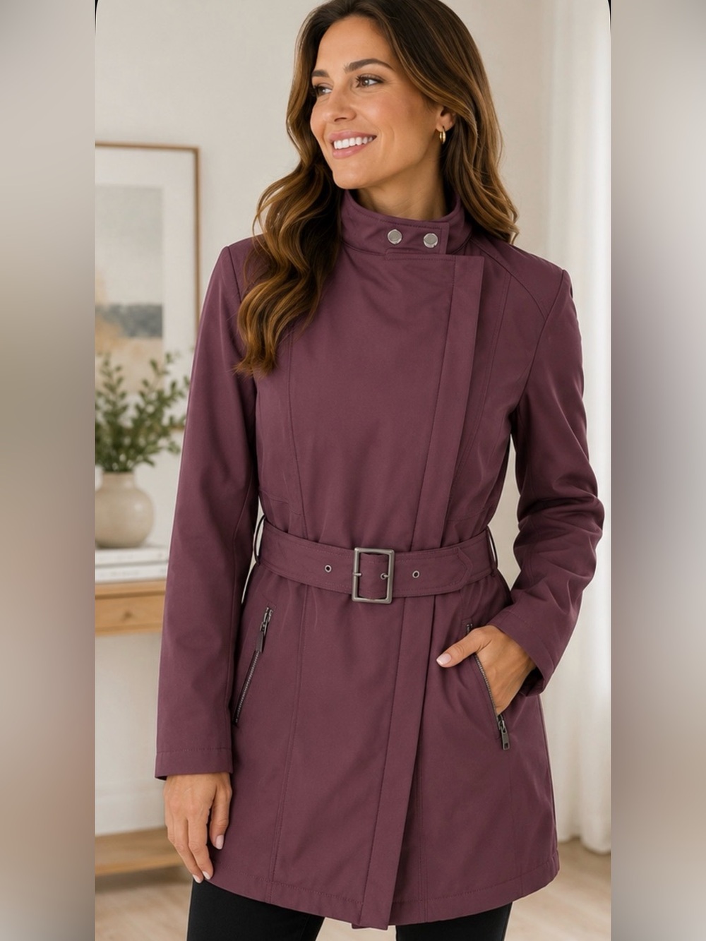 Kenneth Cole Women’s Plum Belted Trench Coat Asymmetrical Zip Jacket Size M